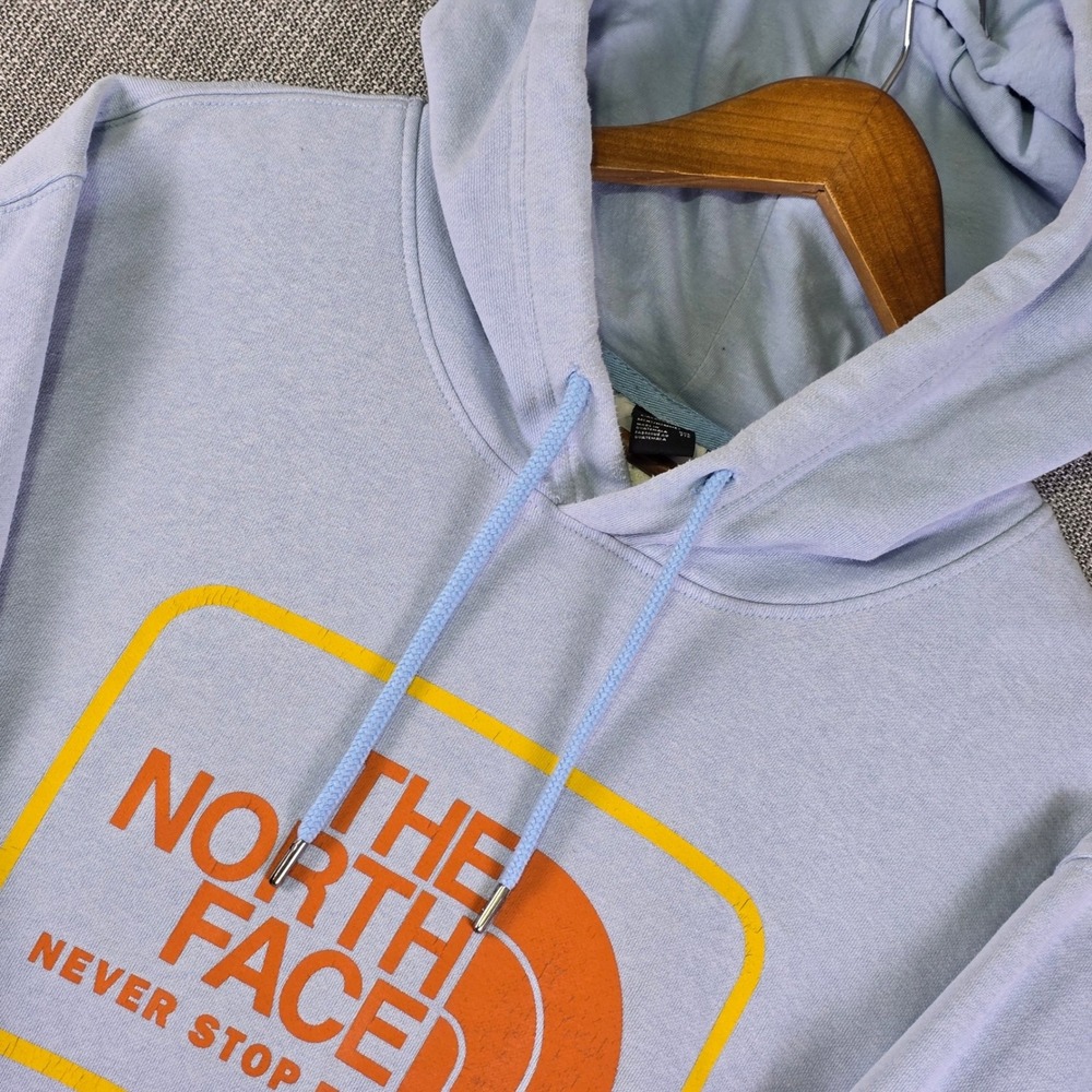 The North Face Hoodie Mens XXL Light Blue Orange Graphic Logo Fleece Pullover